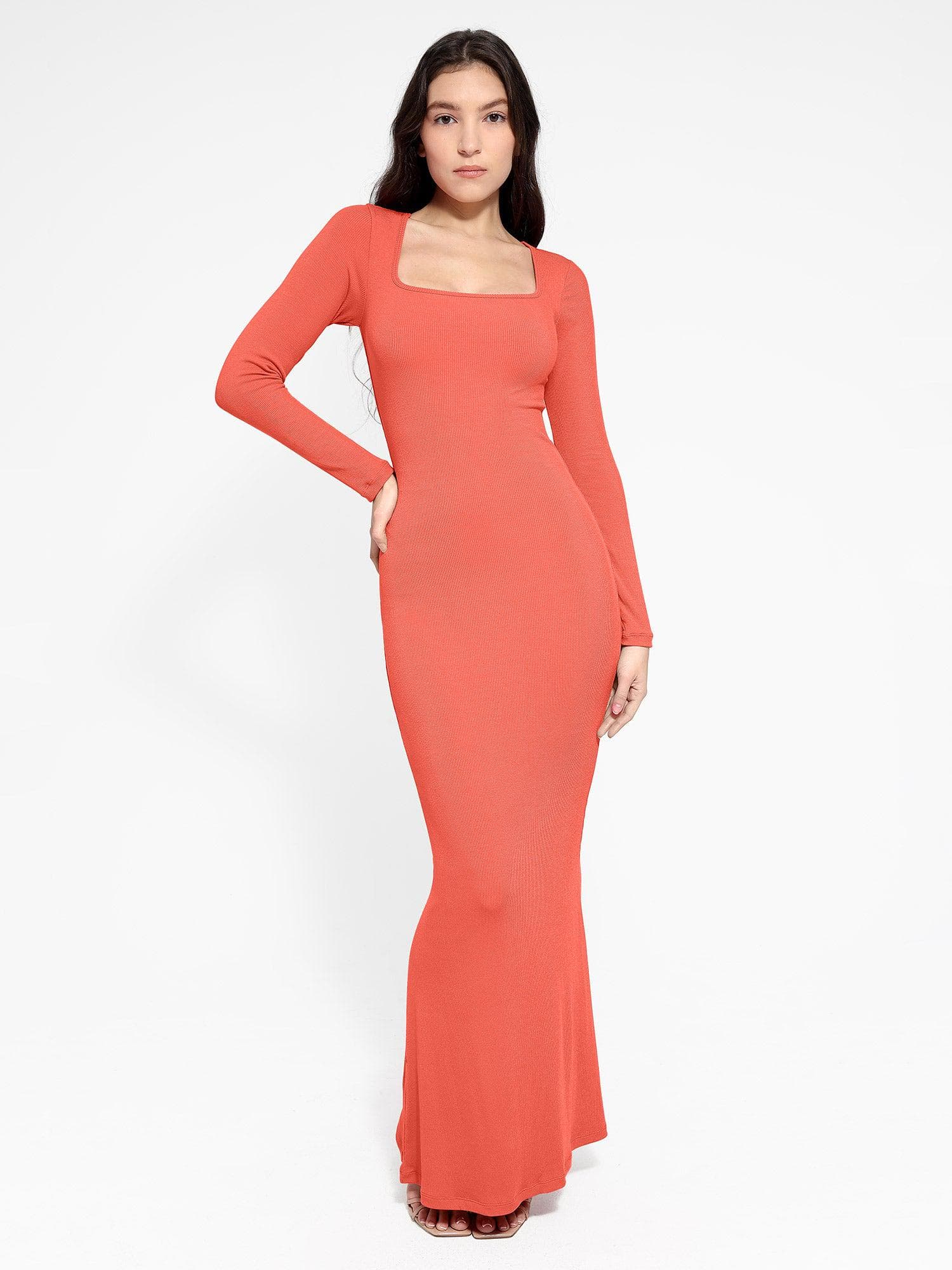 Shapewear Square Neck Long Sleeve Slimming Modal Maxi Dress - Image 41