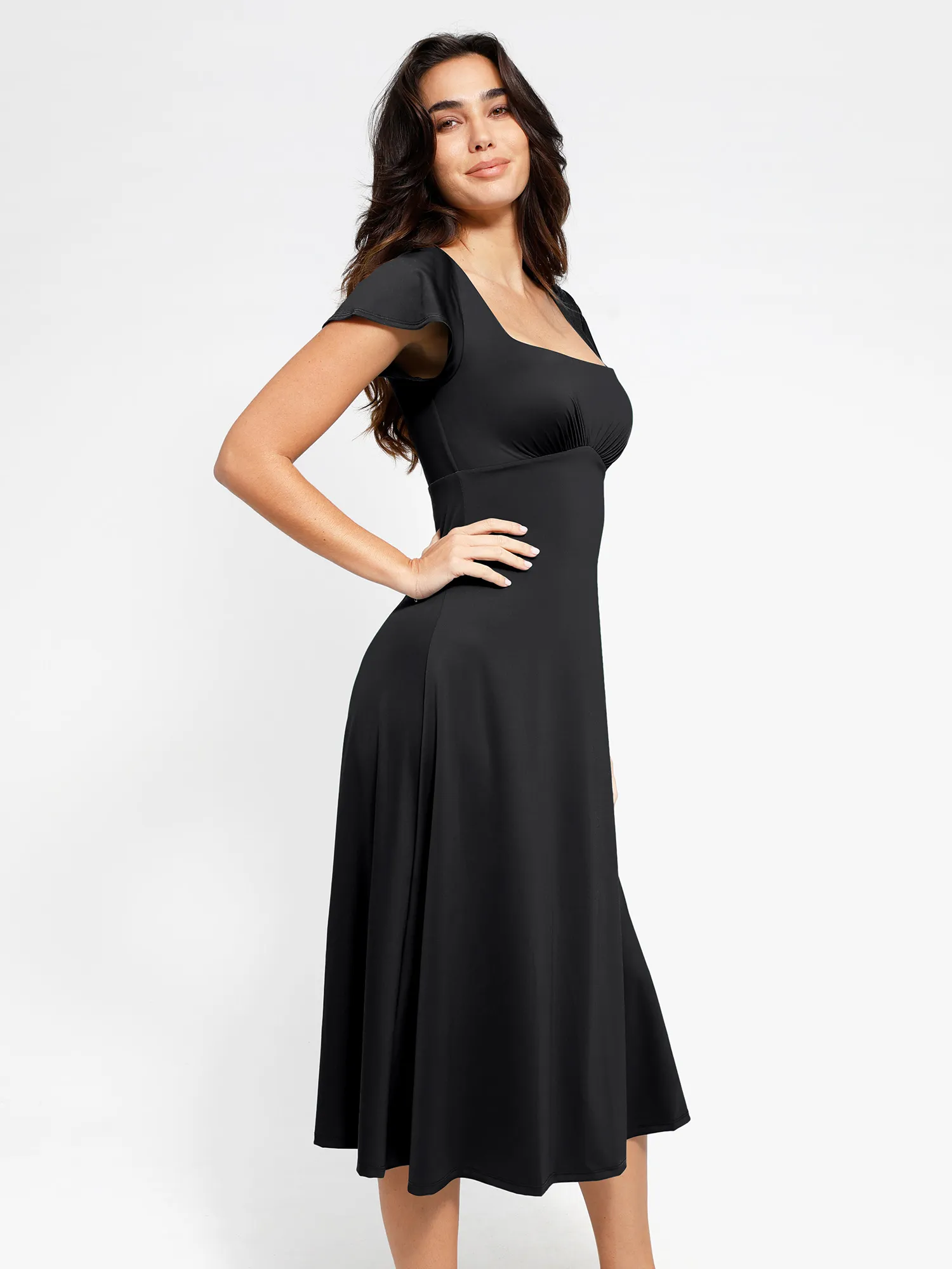 Shapewear Flutter Sleeve Sculpting A-Line Midi Dress - Image 11