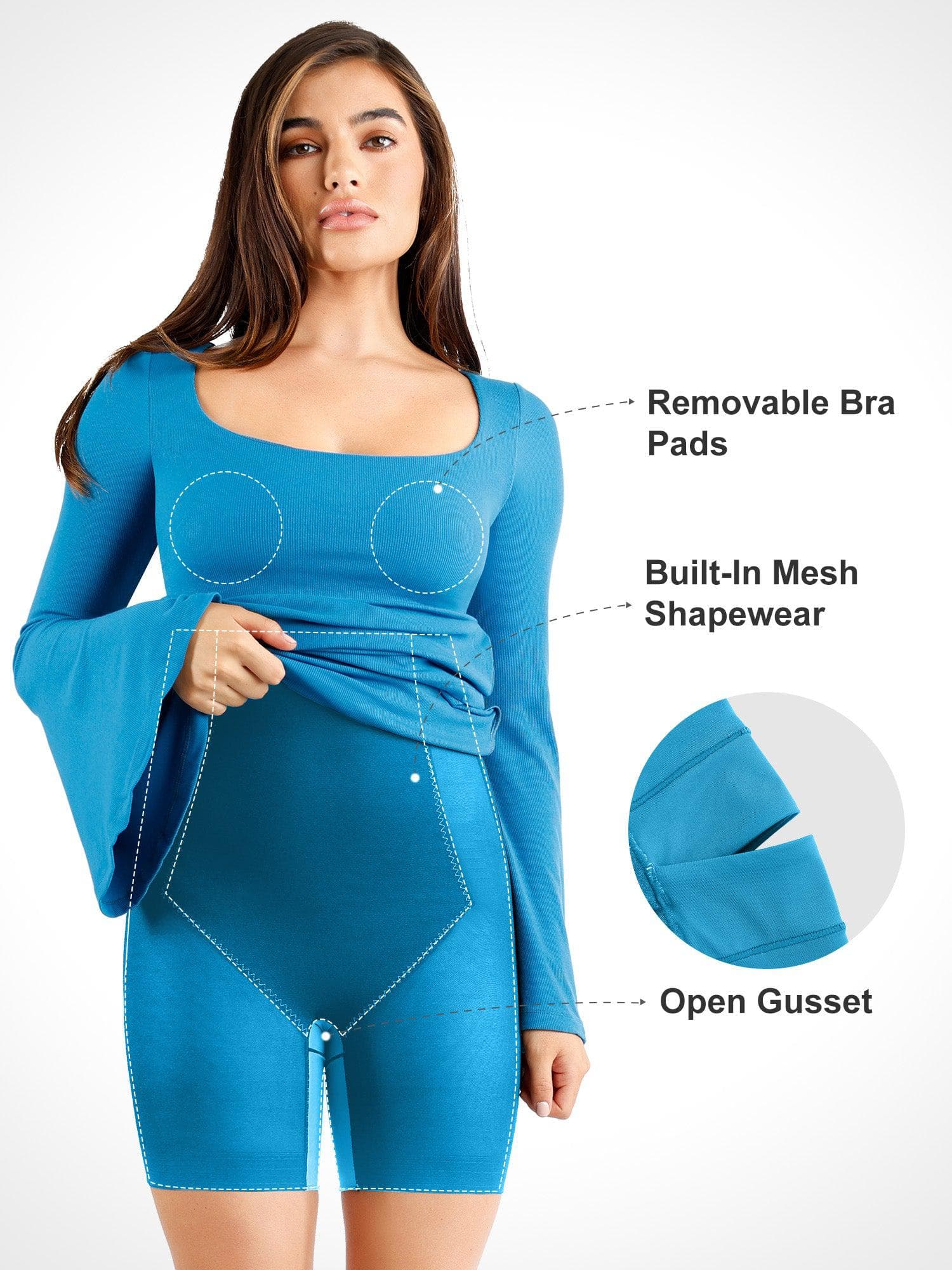 Shapewear Bell Sleeve Square Neck Slimming Midi Dress - Image 9
