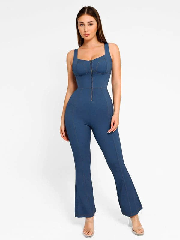 Shapewear Denim Short Sleeve Zip Front Butt Lift Jumpsuit - Image 11