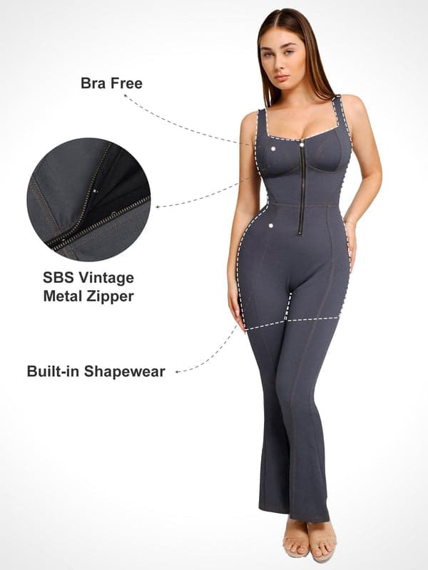 Shapewear Denim Short Sleeve Zip Front Butt Lift Jumpsuit - Image 17
