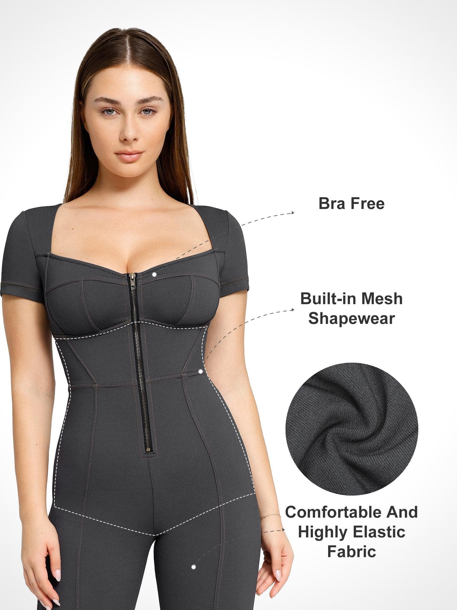 Shapewear Denim Short Sleeve Zip Front Butt Lift Jumpsuit - Image 7