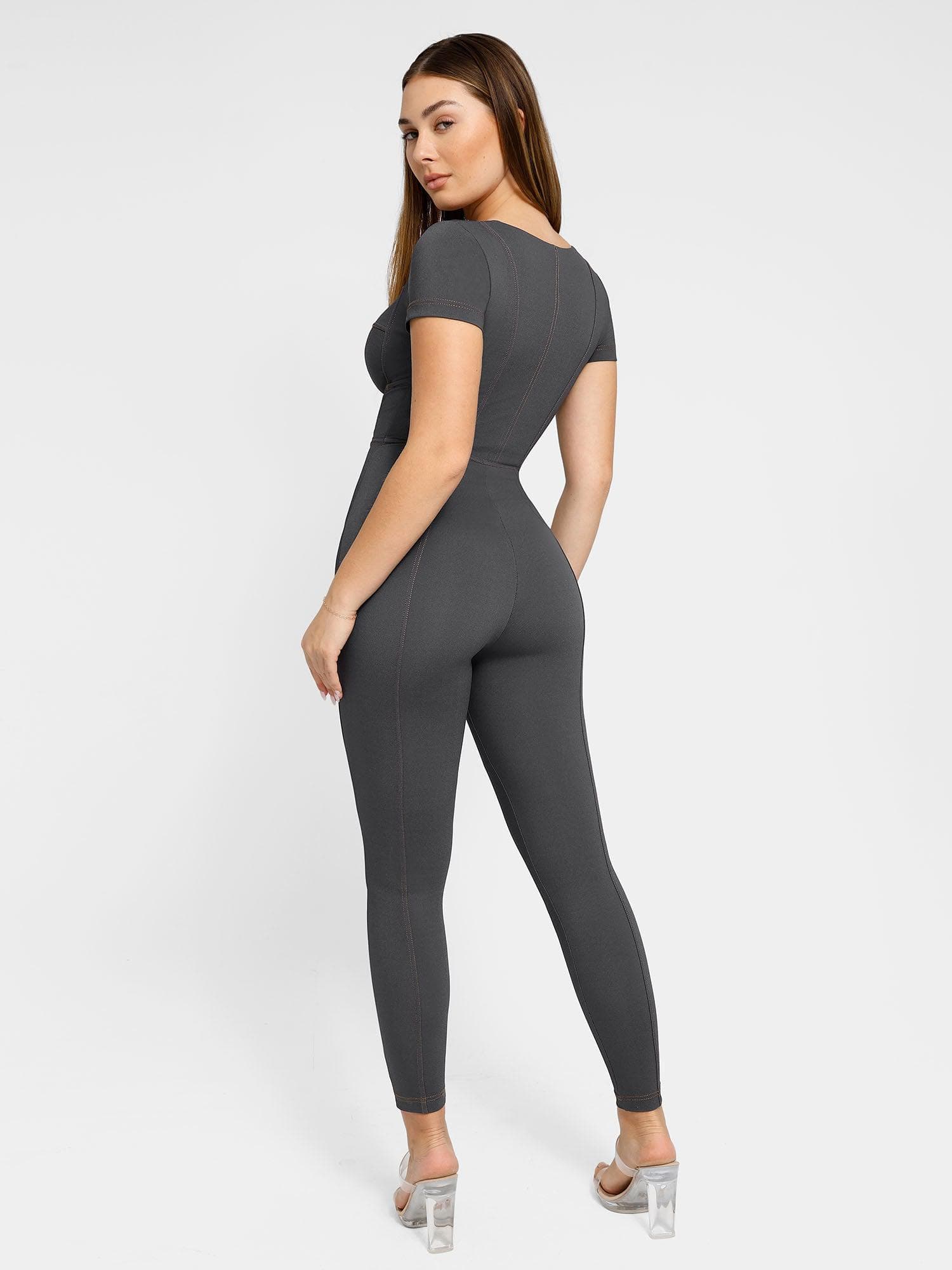 Shapewear Denim Short Sleeve Zip Front Butt Lift Jumpsuit - Image 8