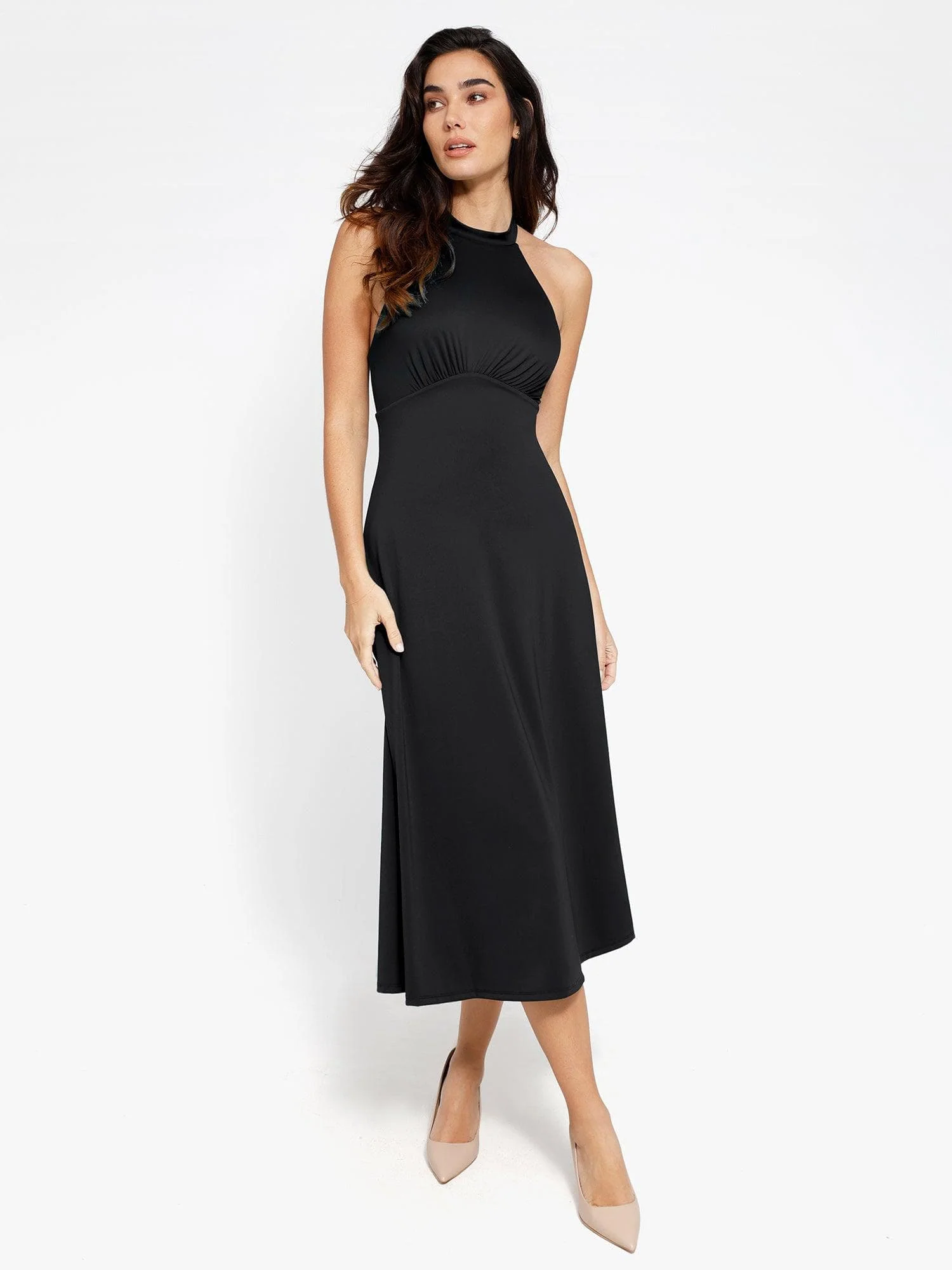 Shapewear Sculpting Backless Halter A-Line Midi Dress - Image 13