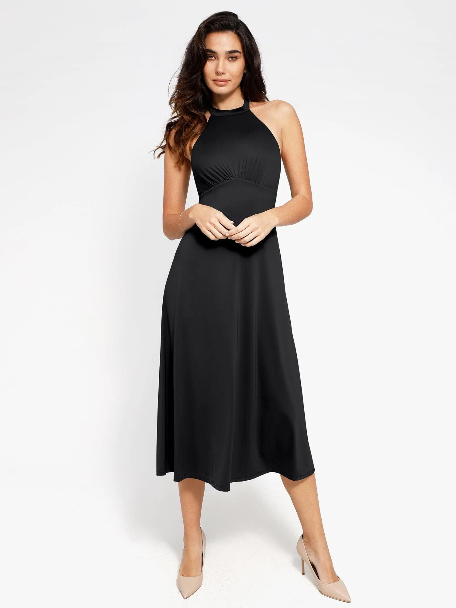 Shapewear Sculpting Backless Halter A-Line Midi Dress - Image 9