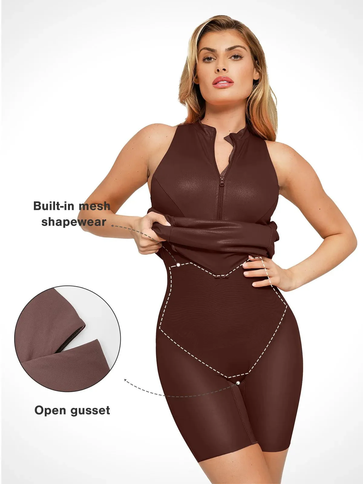 Shapewear Sculpting Faux Leather Zip Front Midi Dress - Image 10