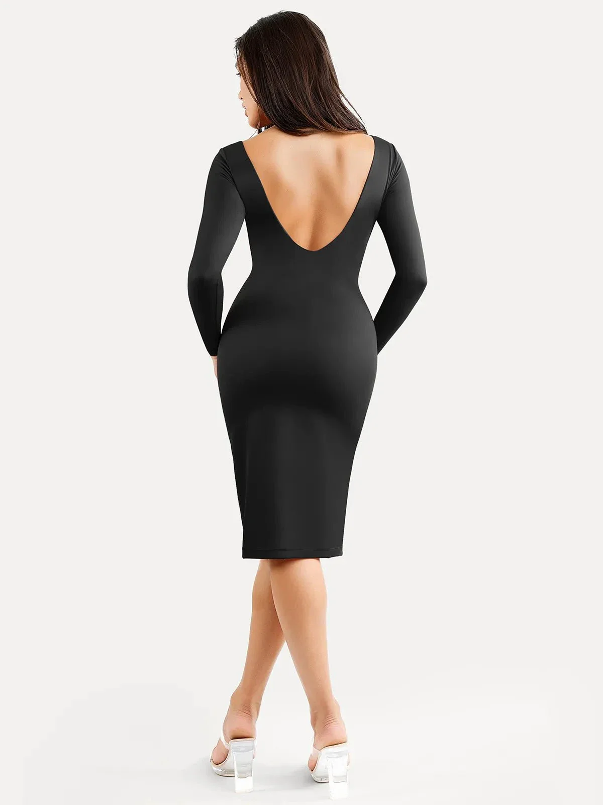 Shapewear Long Sleeve Boat Neck Sculpting Midi Dress - Image 12
