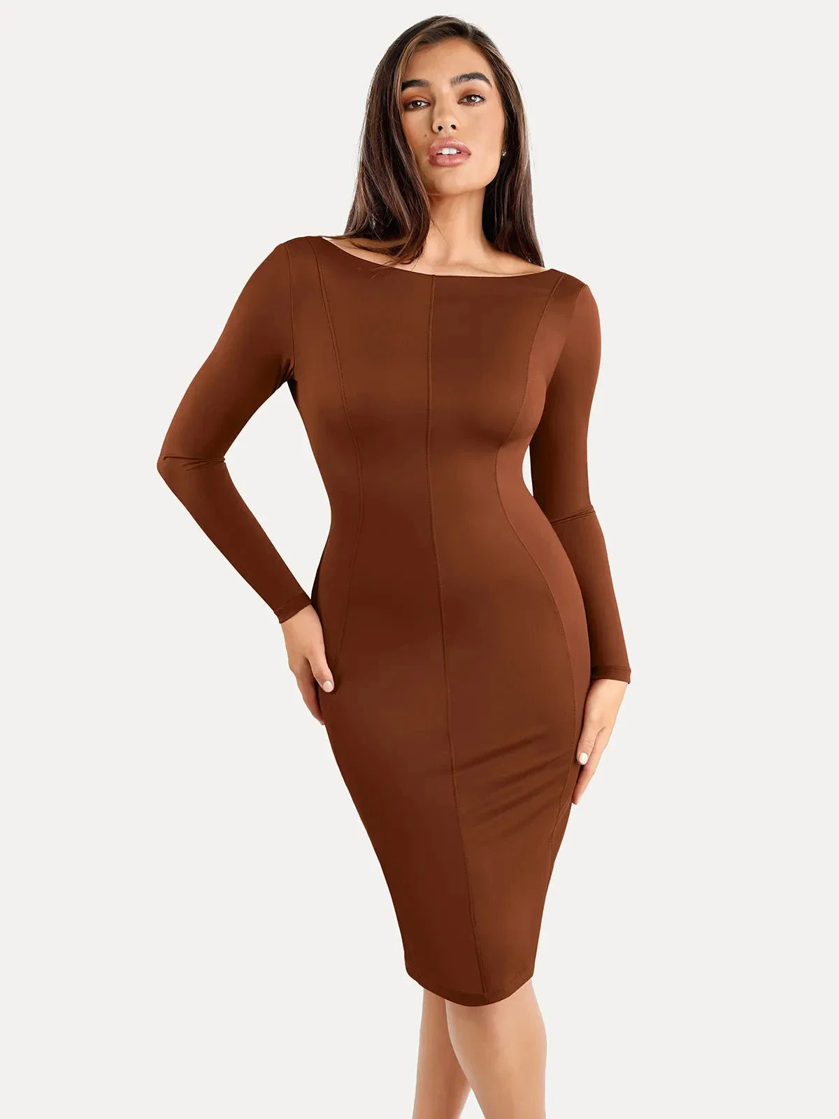 Shapewear Long Sleeve Boat Neck Sculpting Midi Dress - Image 15
