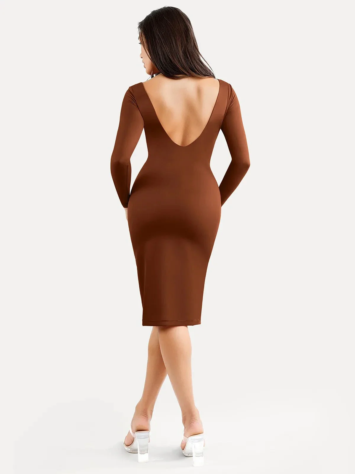Shapewear Long Sleeve Boat Neck Sculpting Midi Dress - Image 18