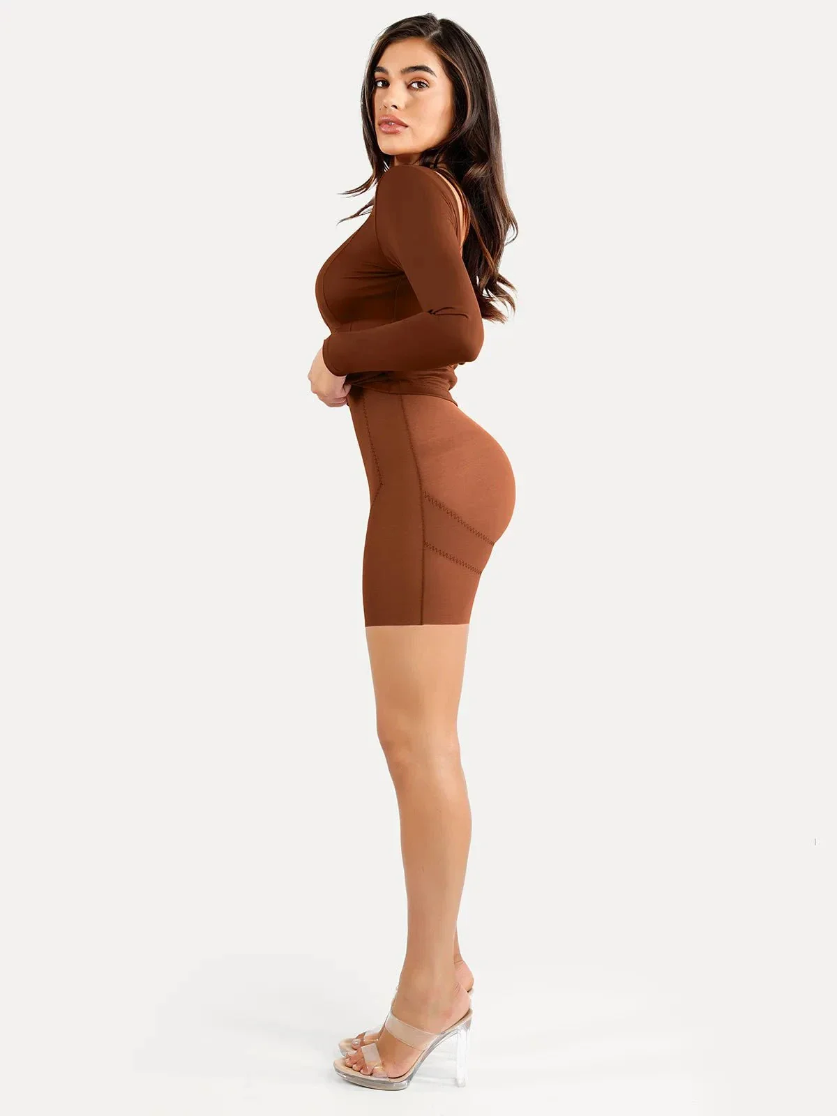 Shapewear Long Sleeve Boat Neck Sculpting Midi Dress - Image 19