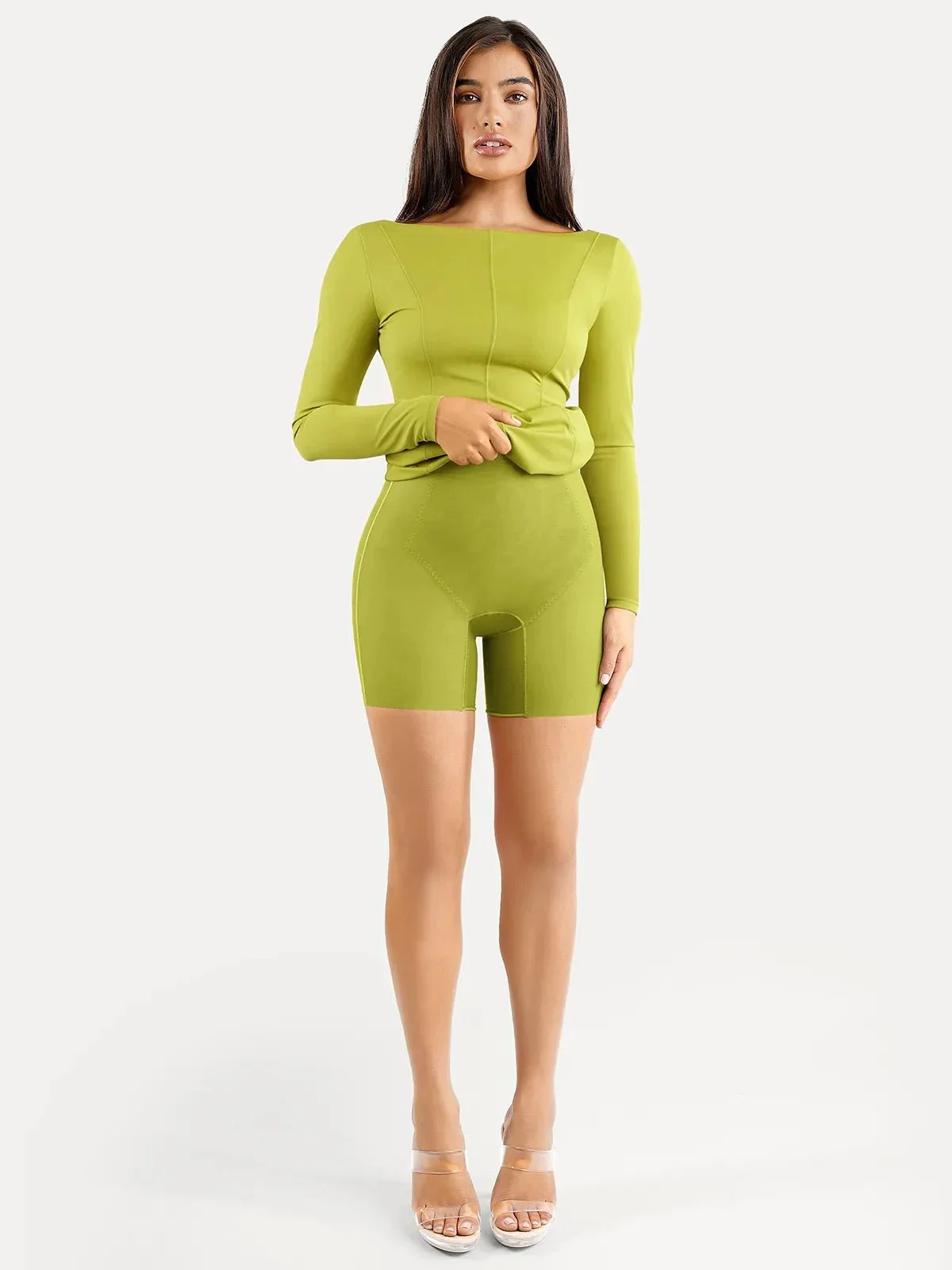 Shapewear Long Sleeve Boat Neck Sculpting Midi Dress - Image 6