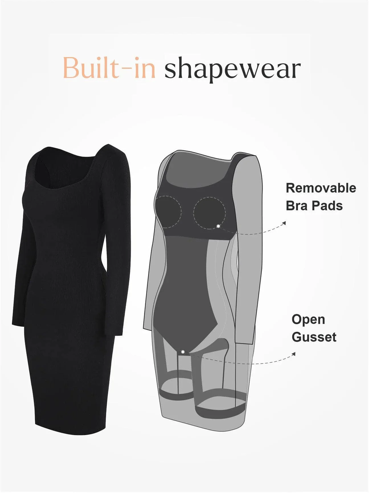 Shapewear Long Sleeve Square Neck Modal Slimming Midi Dress - Image 3