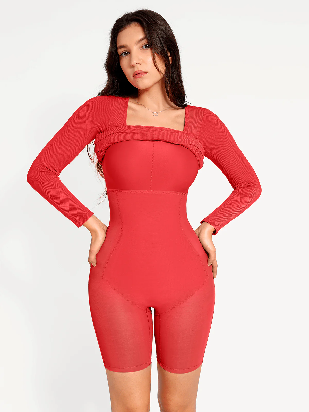 Shapewear Long Sleeve Square Neck Modal Slimming Midi Dress - Image 41