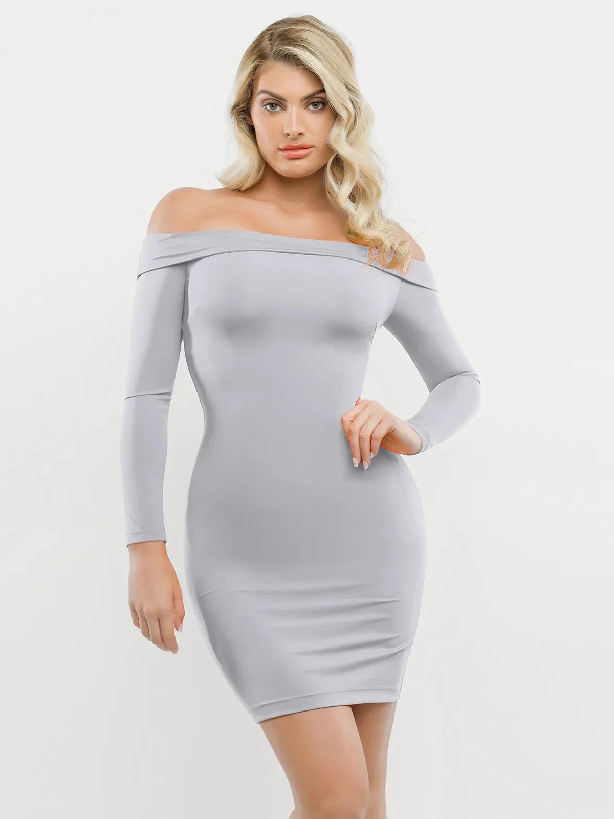 Shapewear Long Sleeve Off-the-Shoulder Bodycon Mini Dress - Image 7