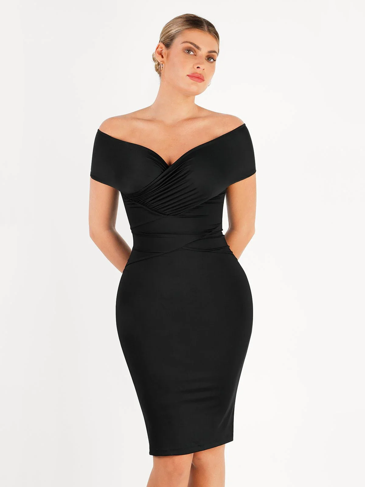 Shapewear Ruched Off-Shoulder Sculpting Midi Dress - Image 12