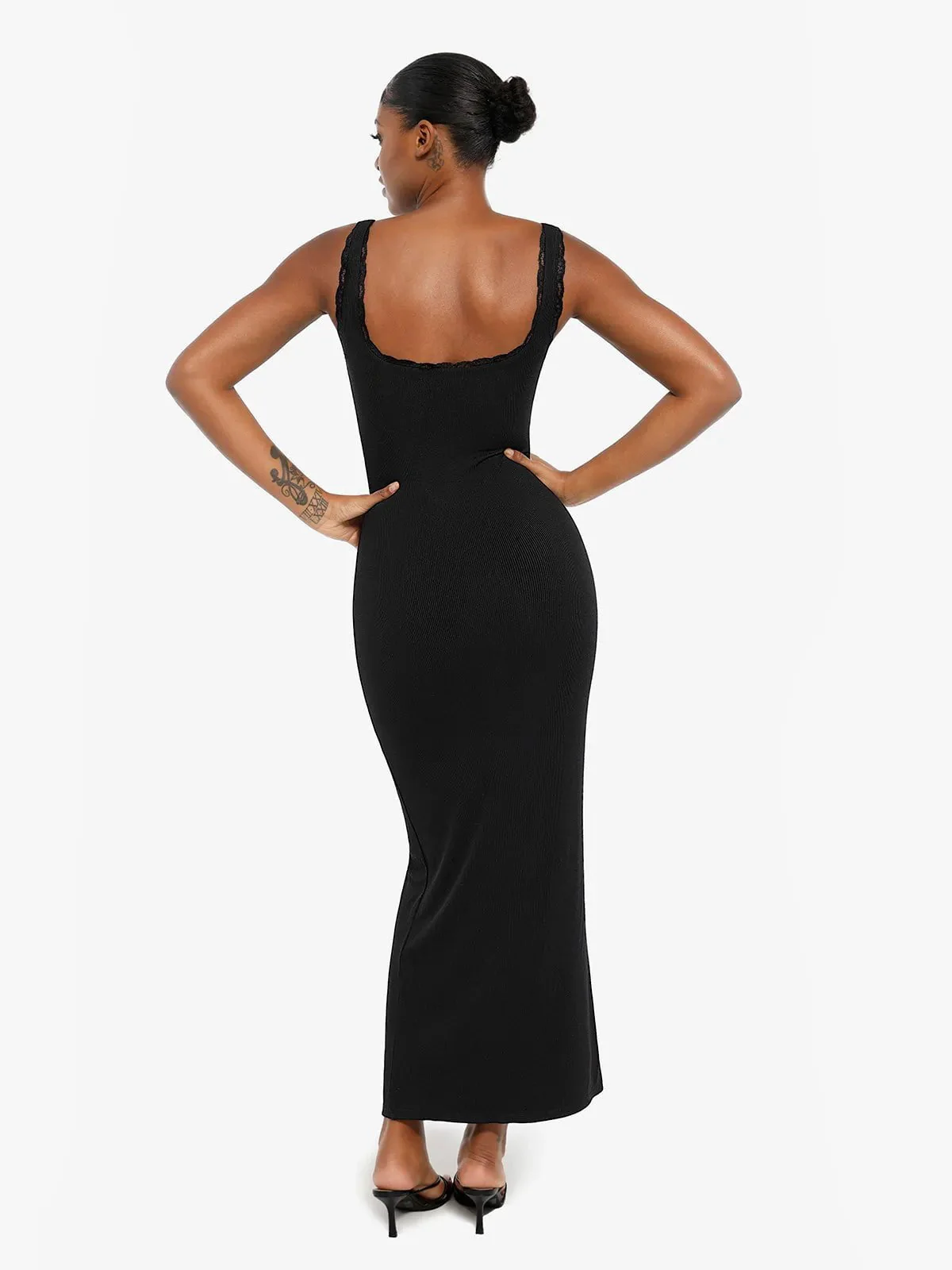 Shapewear Modal Slimming Lace Trim Henley Tank Maxi Dress - Image 4