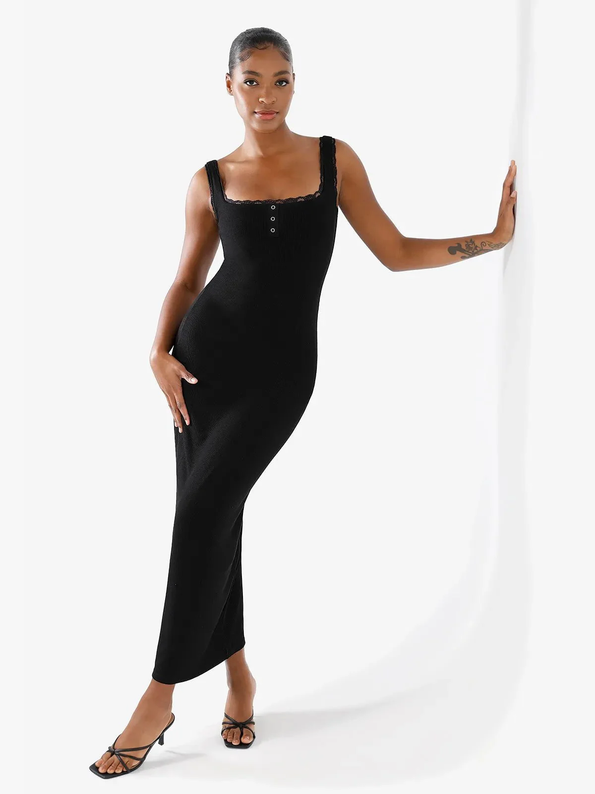 Shapewear Modal Slimming Lace Trim Henley Tank Maxi Dress - Image 5