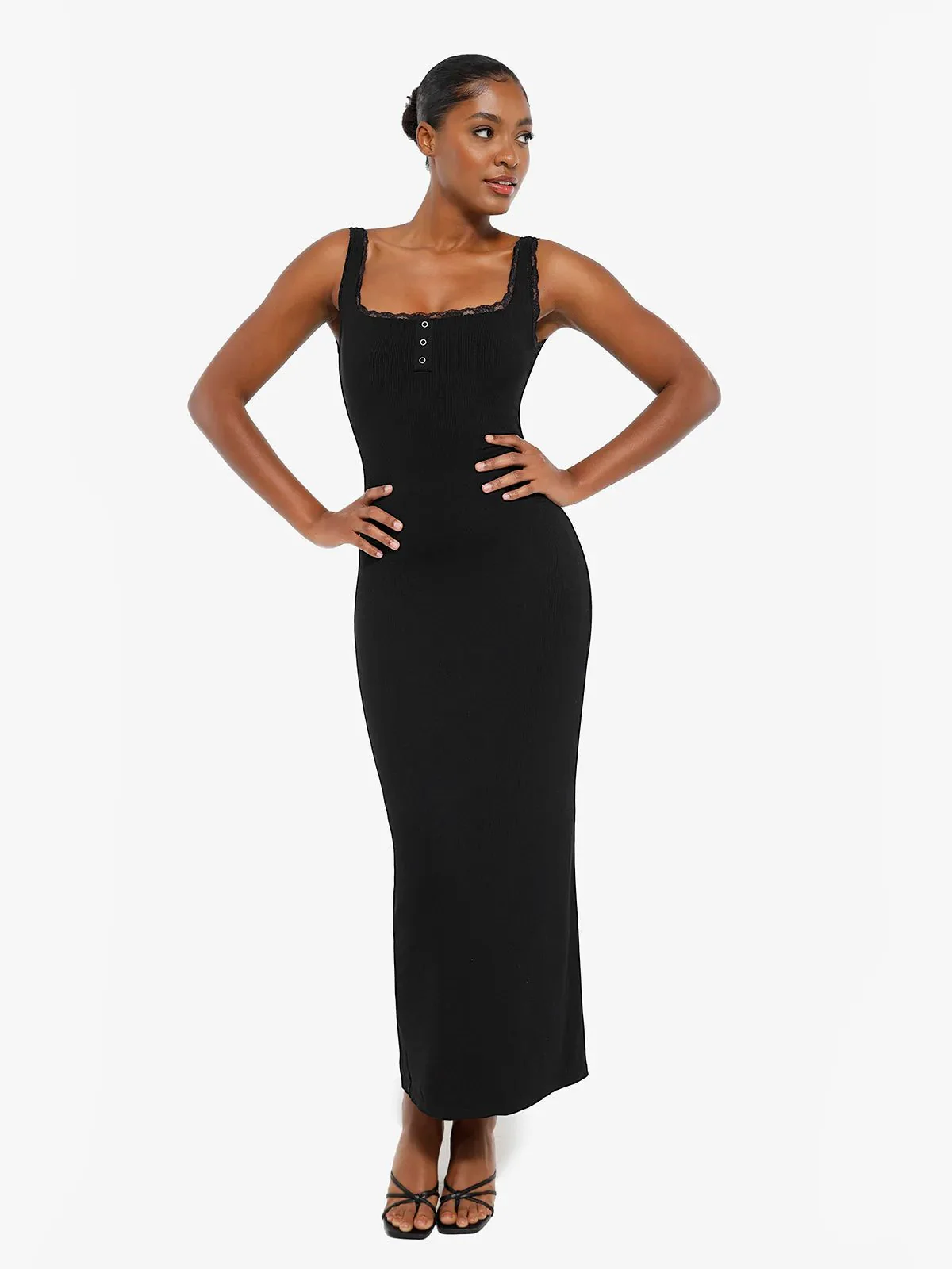 Shapewear Modal Slimming Lace Trim Henley Tank Maxi Dress - Image 6