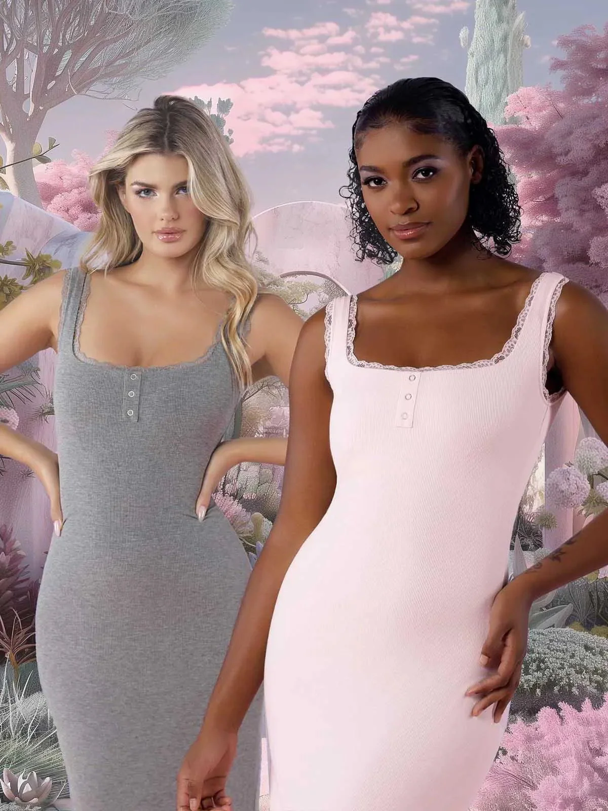 Shapewear Modal Slimming Lace Trim Henley Tank Maxi Dress - Image 12