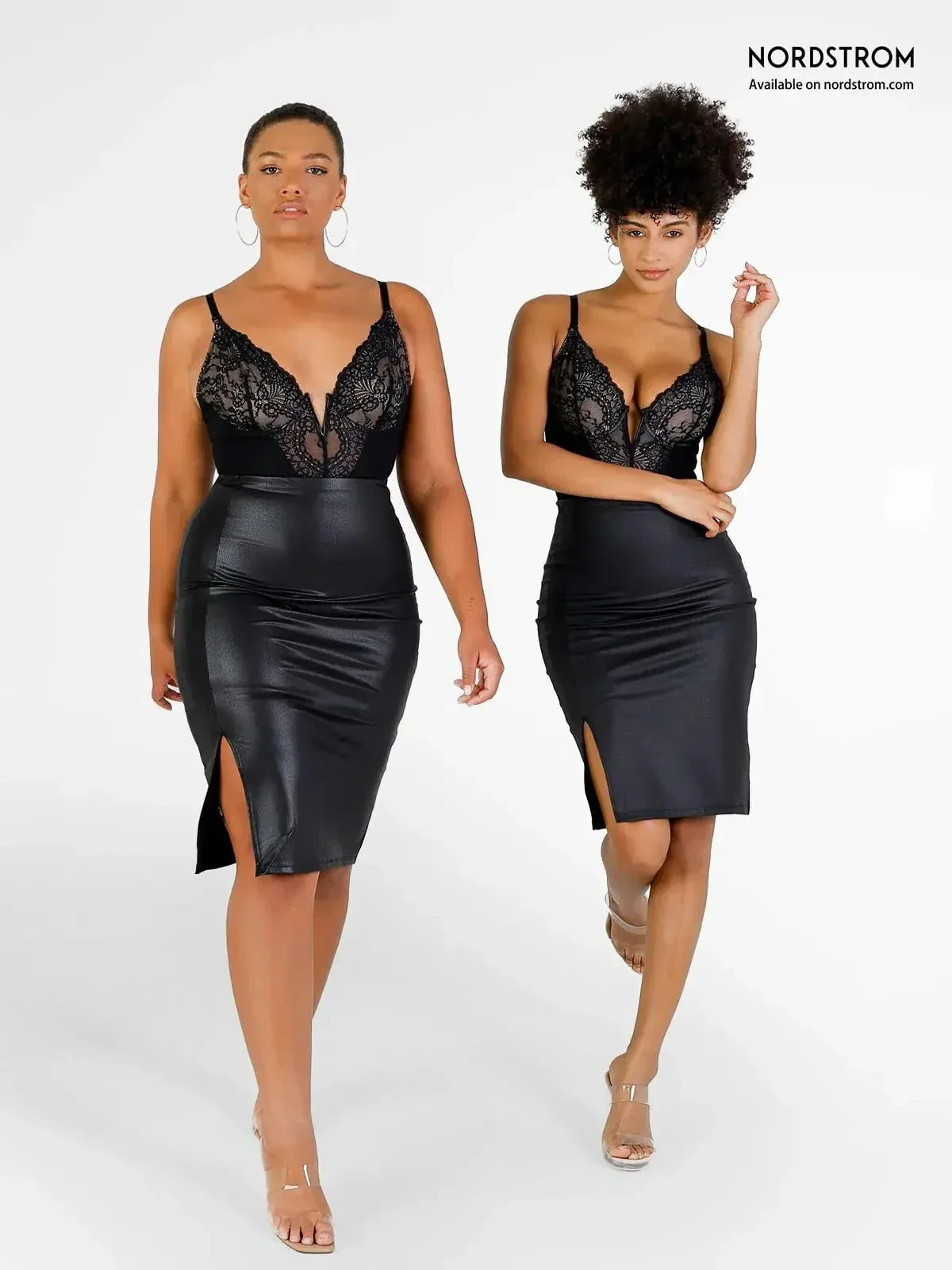 Deep-V Neck Lace Shapewear Bodysuit Leather Midi Skirt Set - Image 2