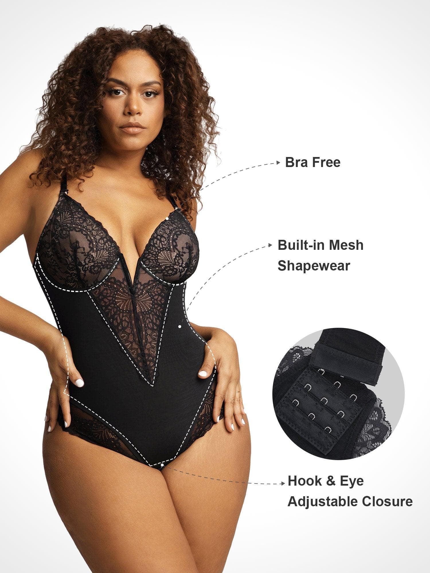 Deep-V Neck Lace Shapewear Bodysuit Leather Midi Skirt Set - Image 5