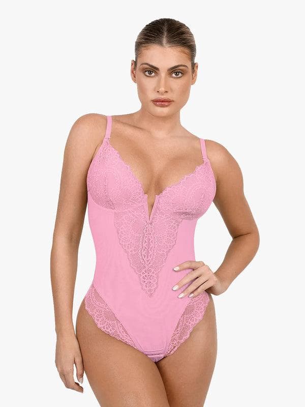Shapewear Lace Deep V-Neck Sculpting Thong Bodysuit - Image 17