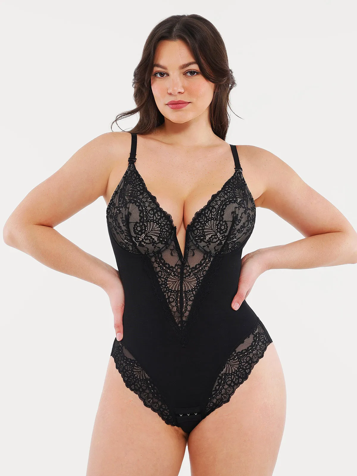 Shapewear Lace Deep V-Neck Sculpting Thong Bodysuit - Image 7