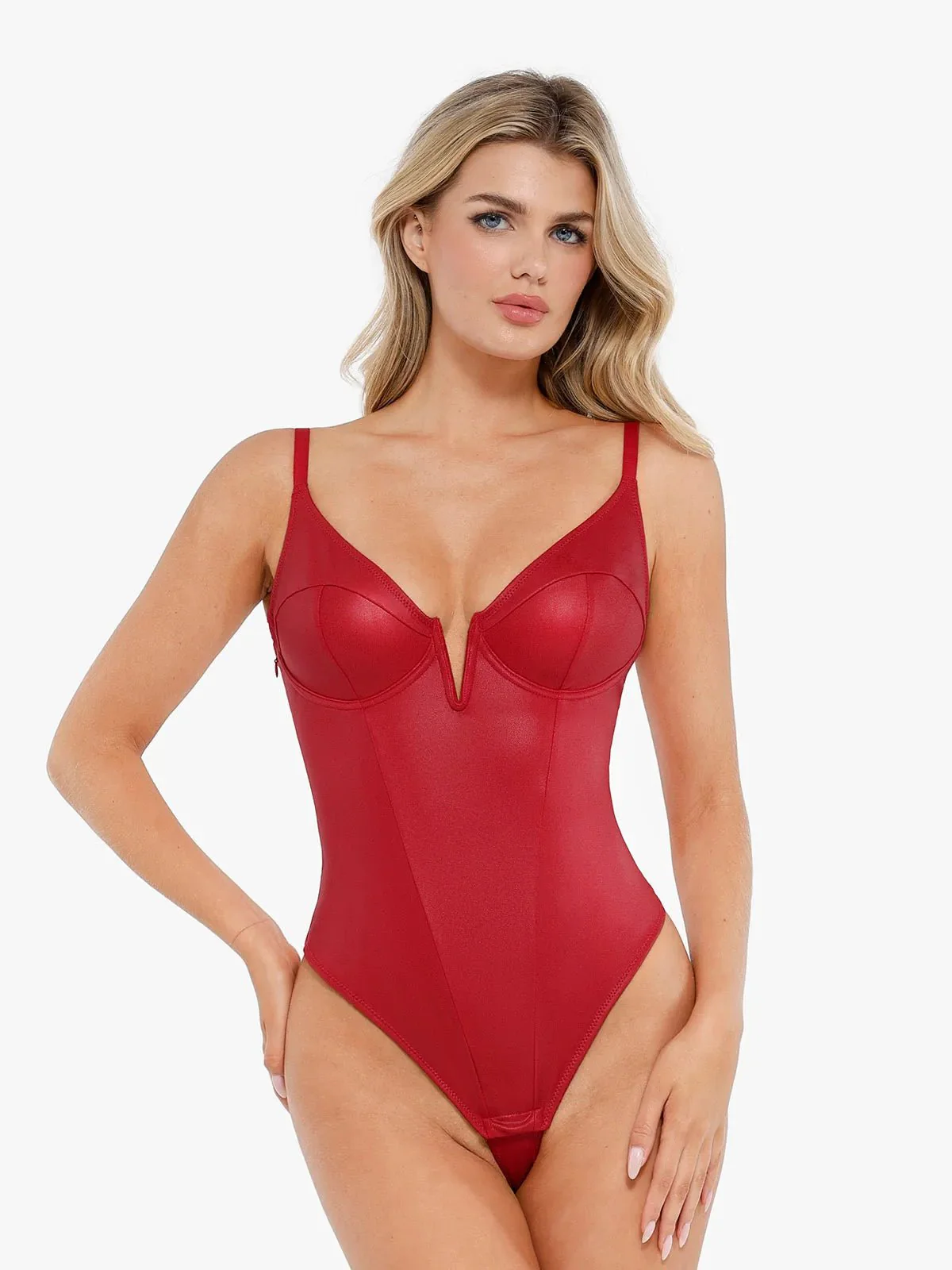 Shapewear Faux Leather Plunging V Sculpting Corset Bodysuit - Image 13