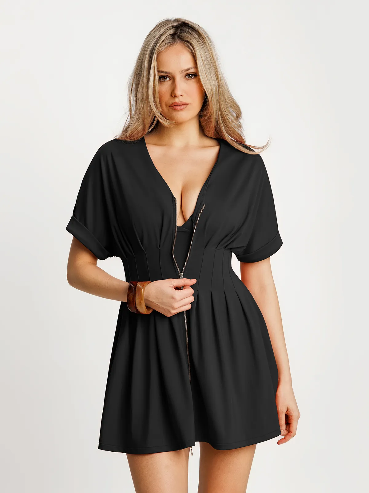 Deep V Zip Front Two-Piece Sculpting Mini Dress - Image 10