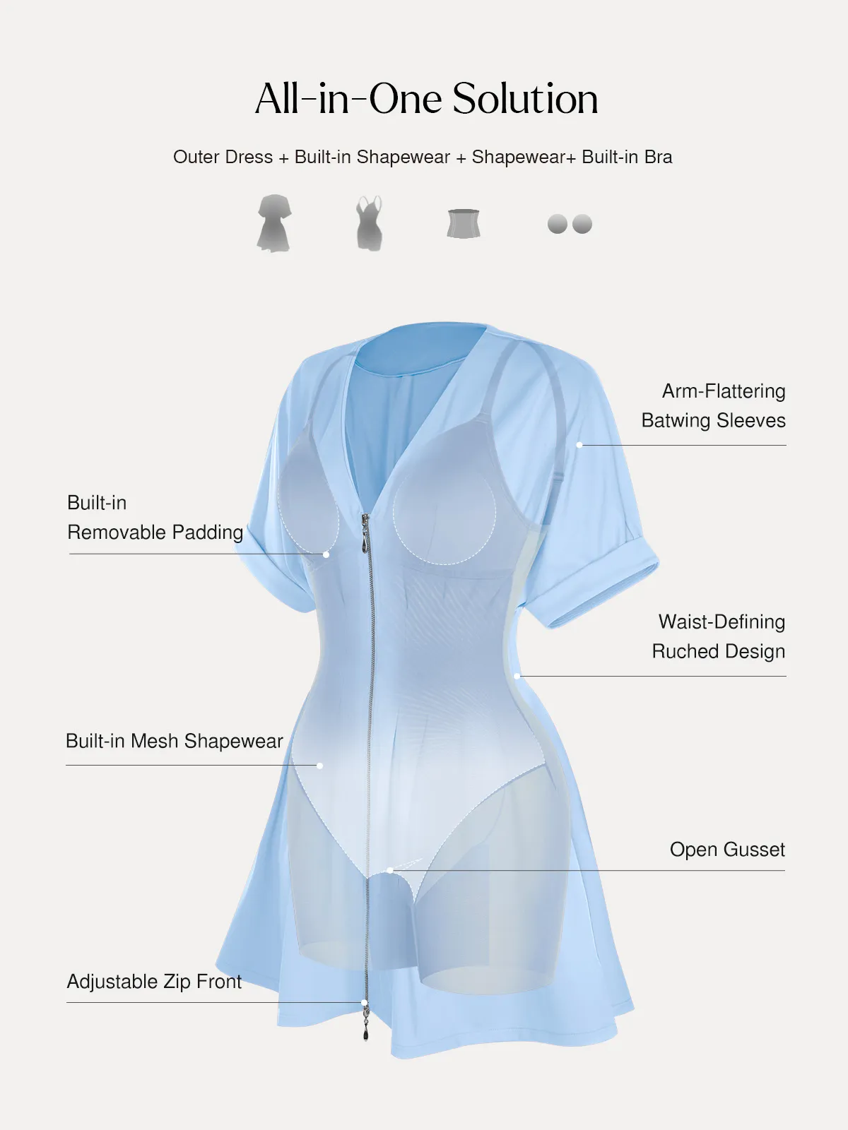 Deep V Zip Front Two-Piece Sculpting Mini Dress - Image 18