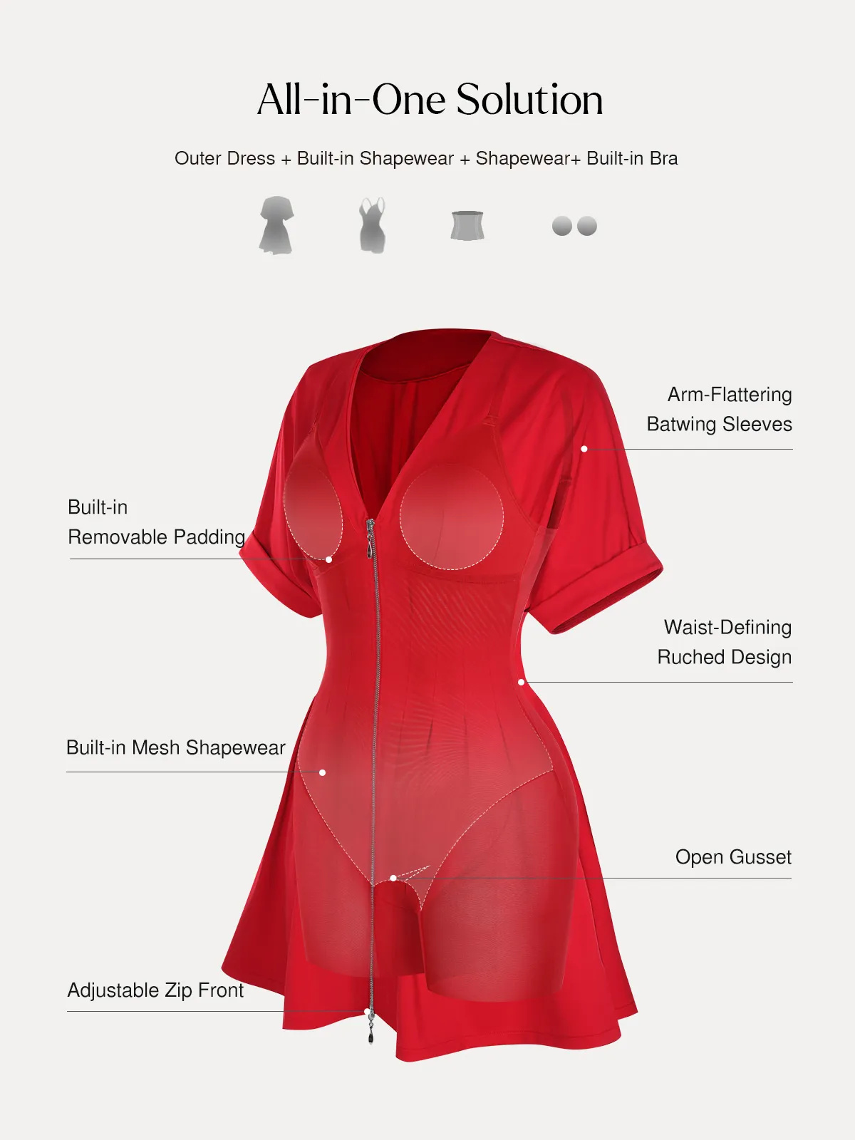 Deep V Zip Front Two-Piece Sculpting Mini Dress - Image 32