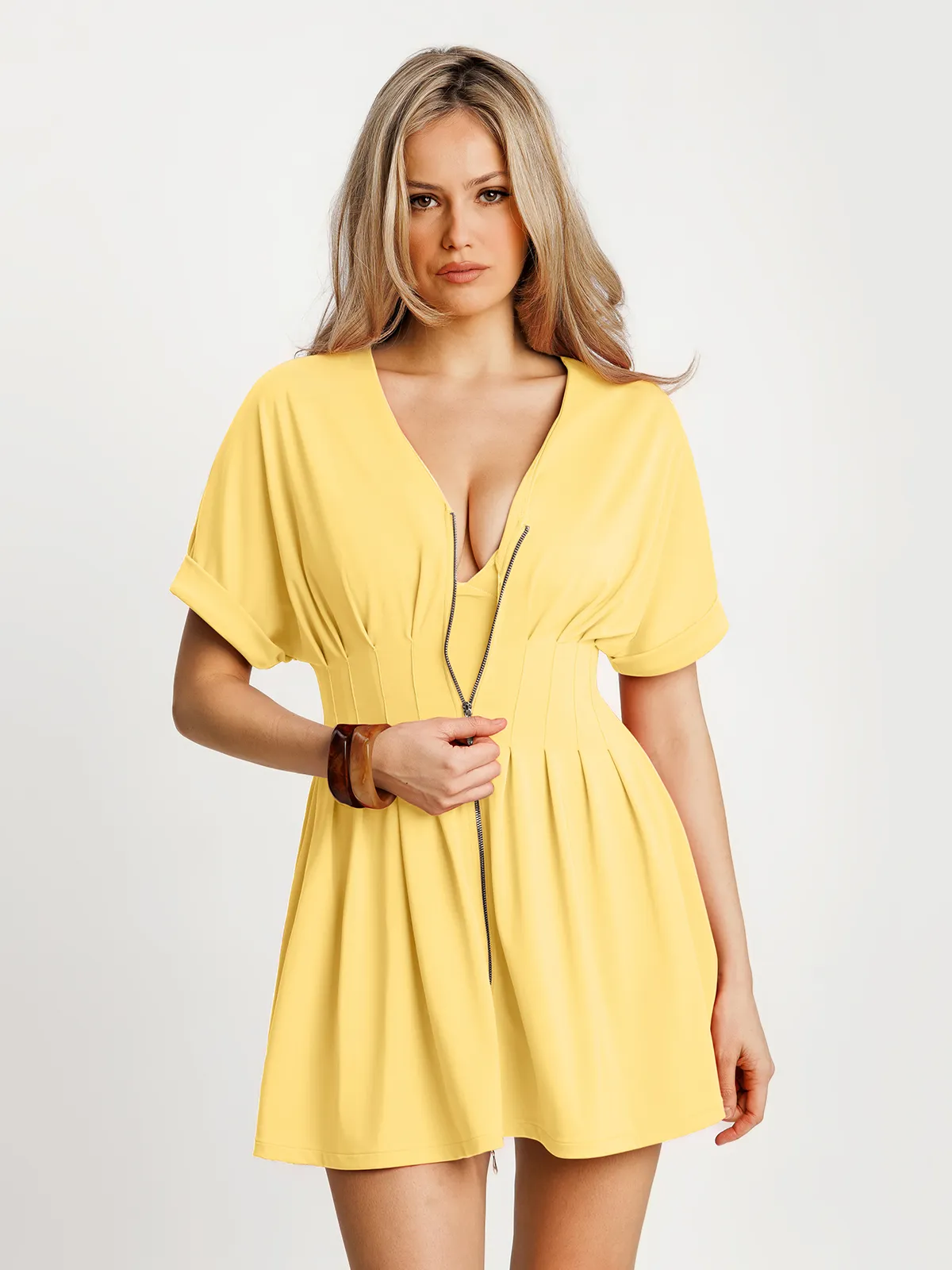 Deep V Zip Front Two-Piece Sculpting Mini Dress - Image 69