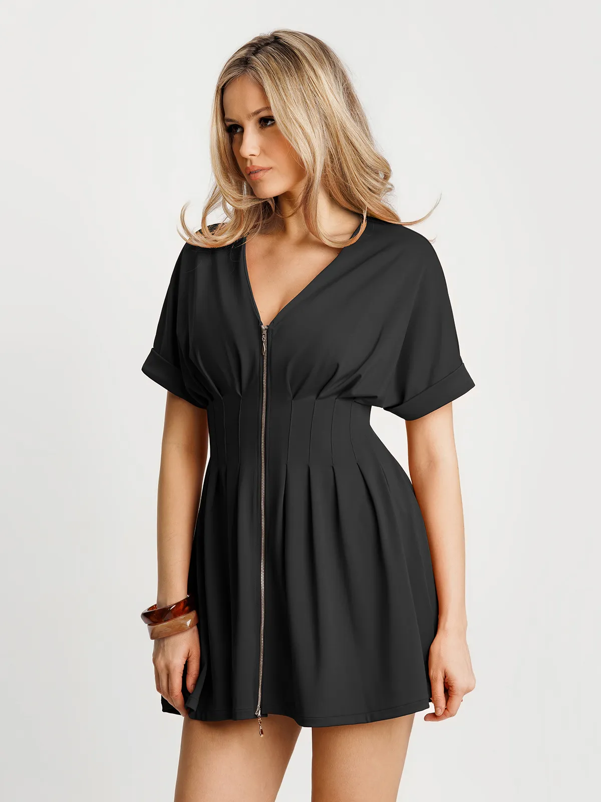 Deep V Zip Front Two-Piece Sculpting Mini Dress - Image 8