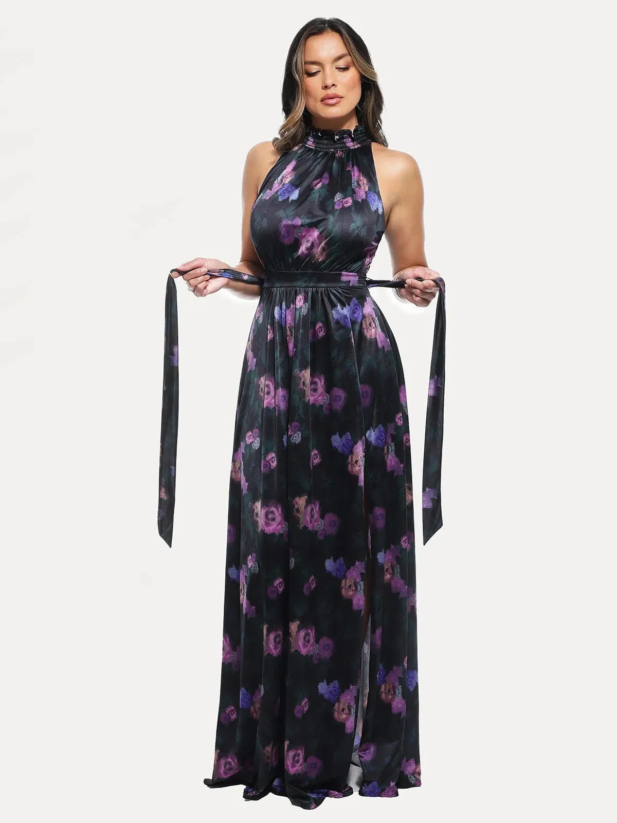 Draped High Neck Sculpting Floral-Print Maxi Dress - Image 4