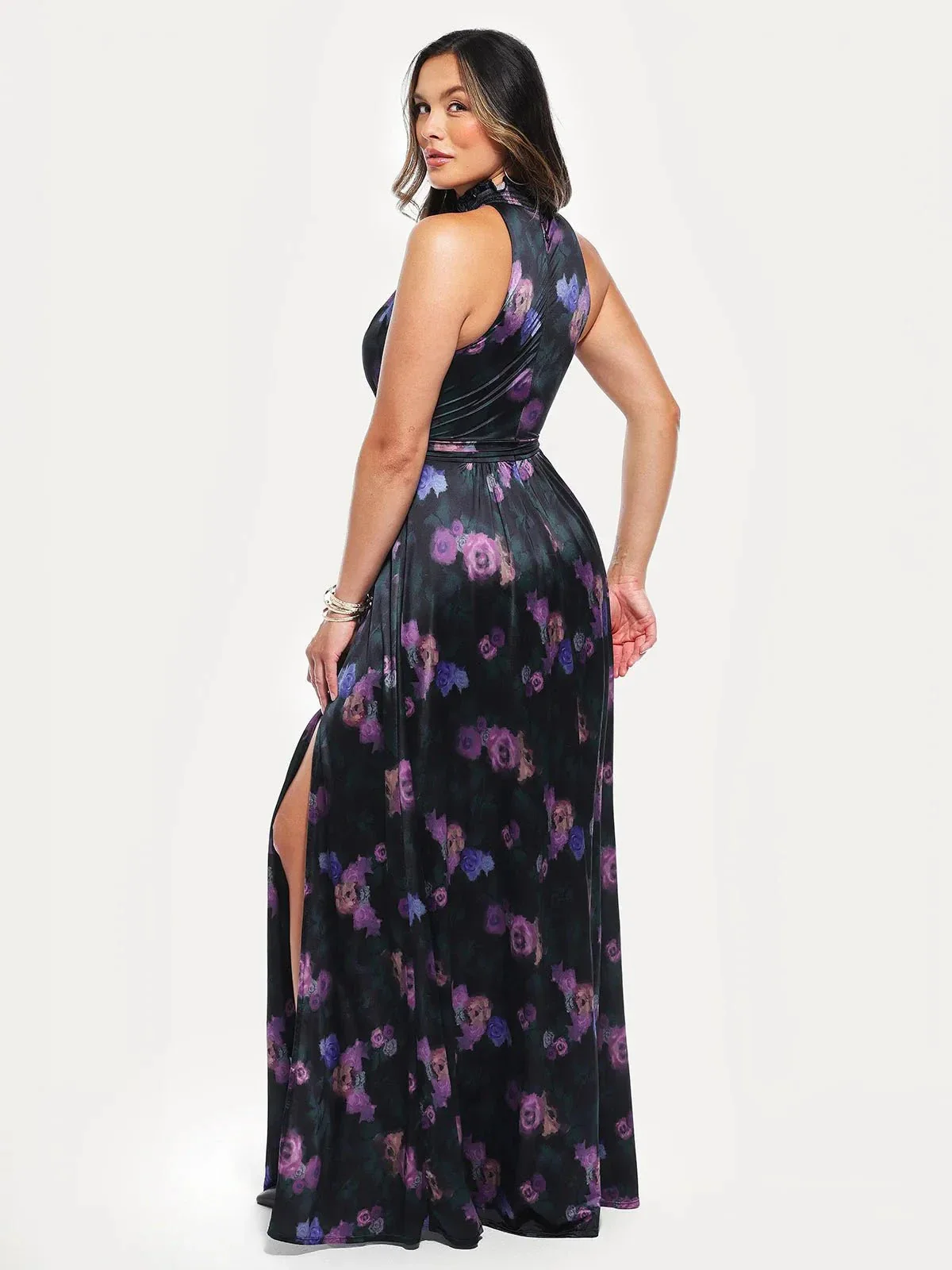 Draped High Neck Sculpting Floral-Print Maxi Dress - Image 5