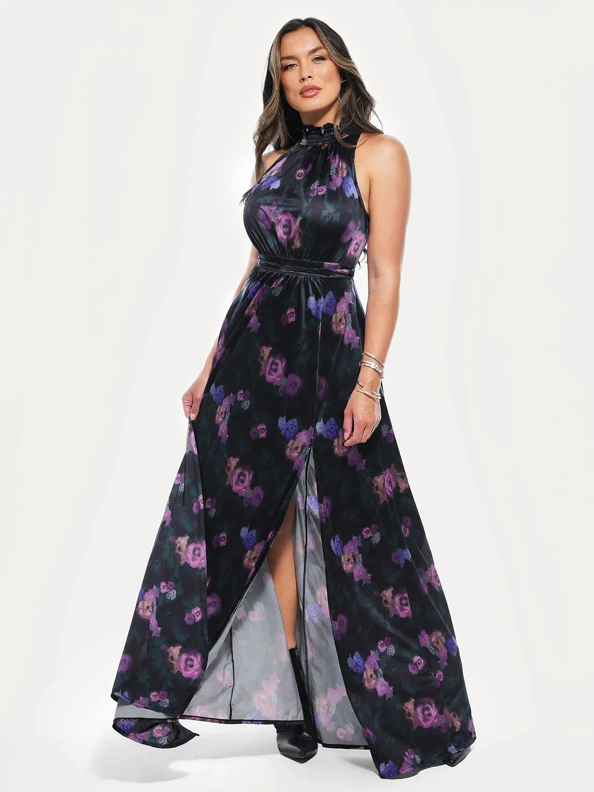 Draped High Neck Sculpting Floral-Print Maxi Dress - Image 7