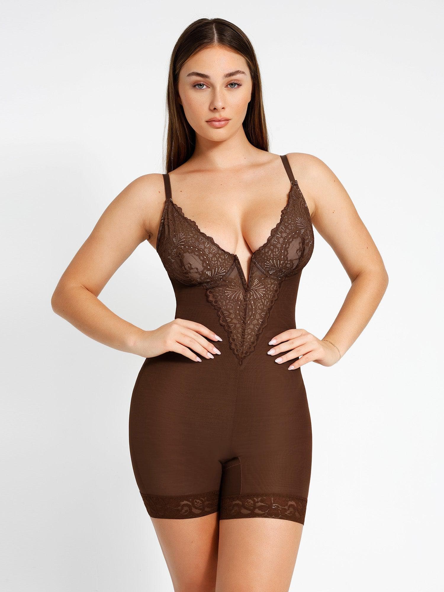 Shapewear Lace Deep-V Neck Bodysuits or Faux Leather Skirts - Image 19
