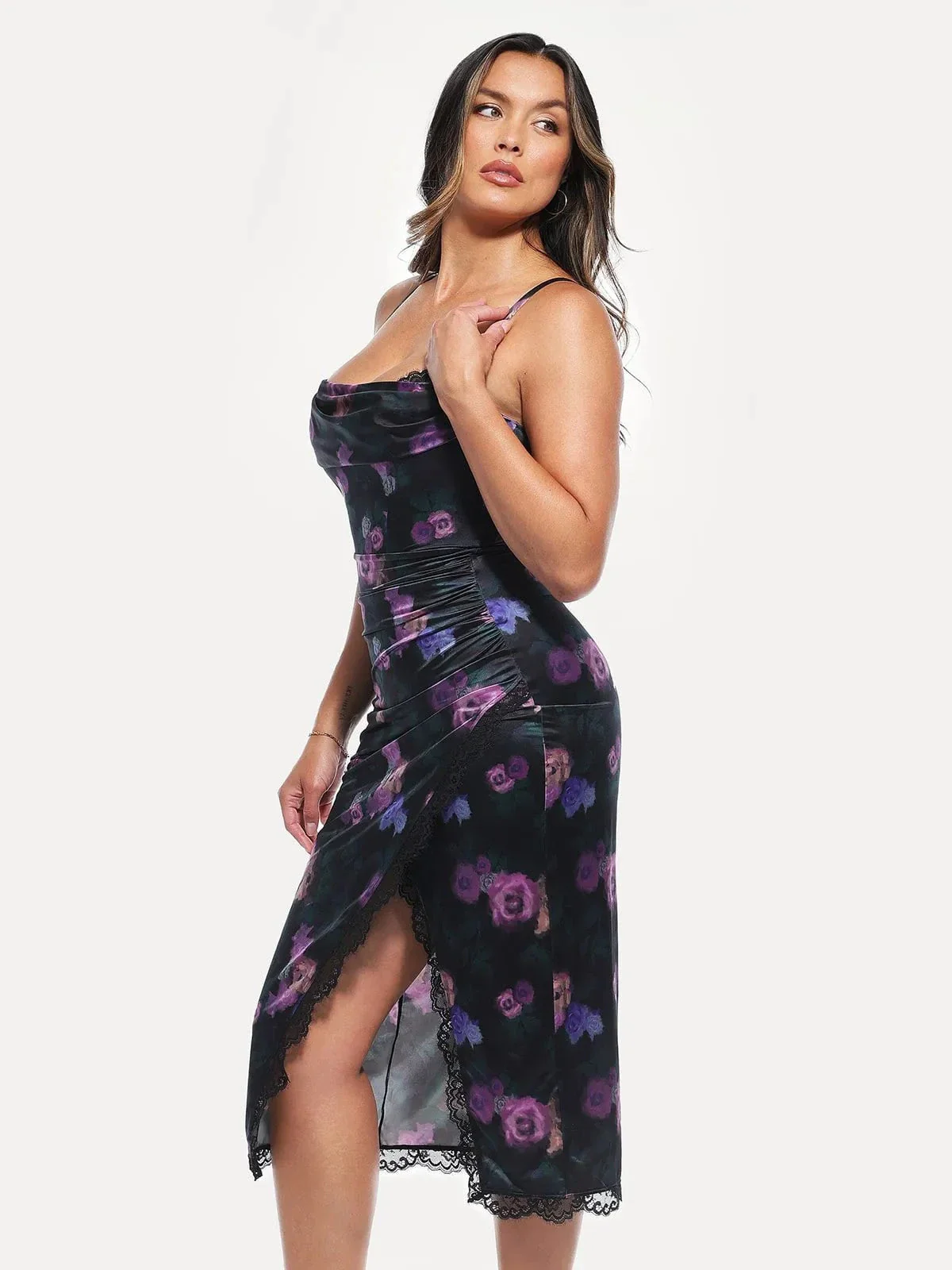 Lace Trim Sculpting Floral-Print Midi Dress - Image 5