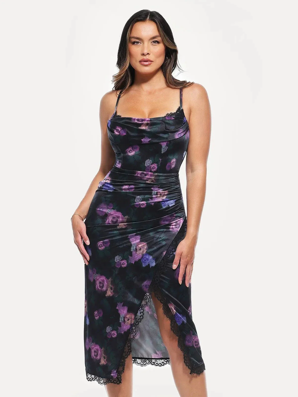 Lace Trim Sculpting Floral-Print Midi Dress - Image 9
