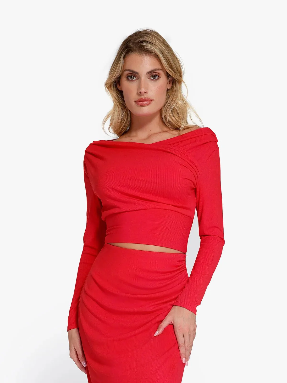 Long-Sleeve Rib Modal Off-the-Shoulder Slimming Crop Top - Image 18