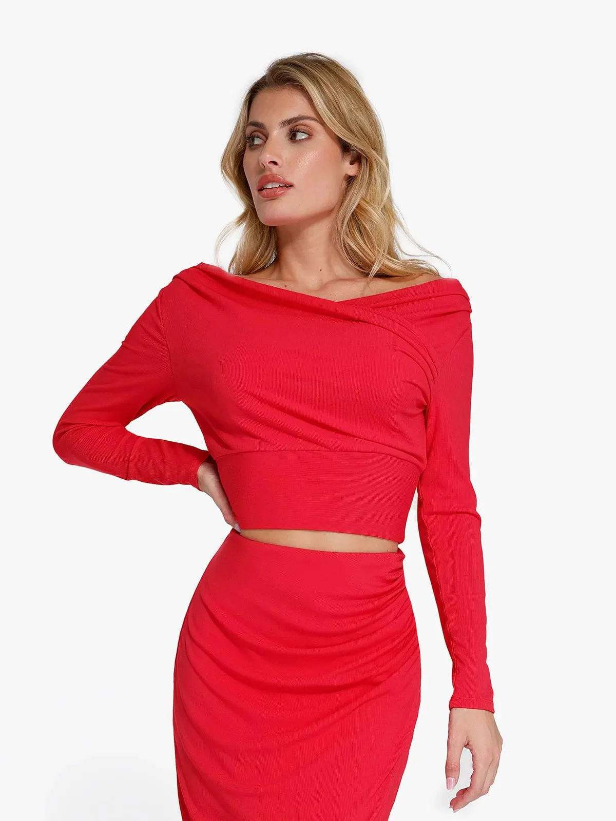 Long-Sleeve Rib Modal Off-the-Shoulder Slimming Crop Top - Image 22