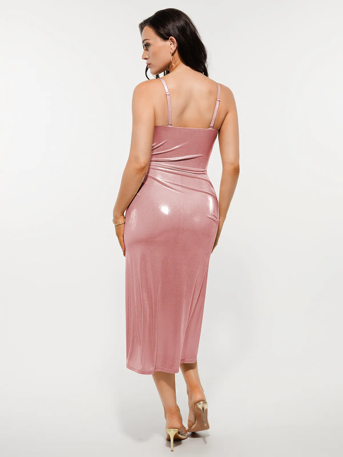 Metallic Cowl Neck Side Ruched Sculpting Tummy Control Midi Dress - Image 18