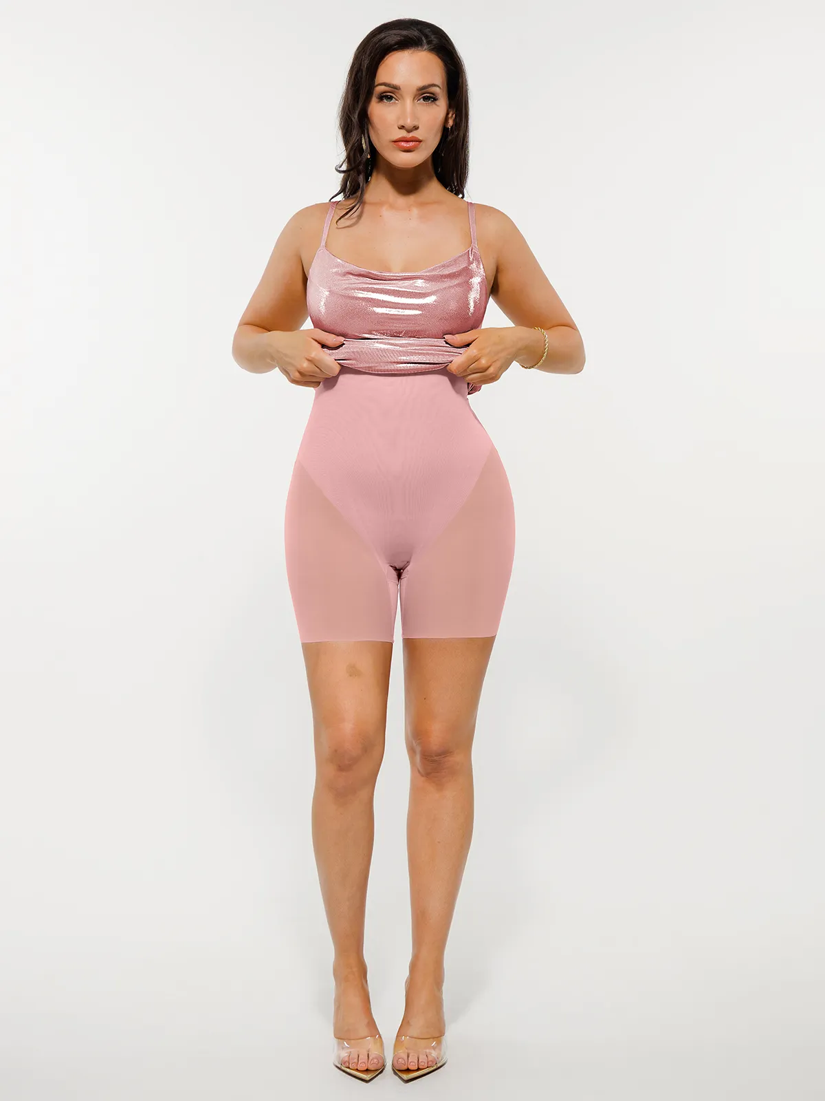 Metallic Cowl Neck Side Ruched Sculpting Tummy Control Midi Dress - Image 19