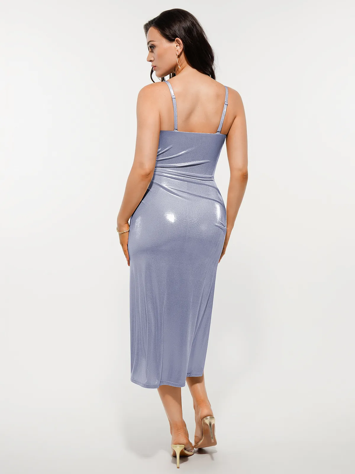 Metallic Cowl Neck Side Ruched Sculpting Tummy Control Midi Dress - Image 26