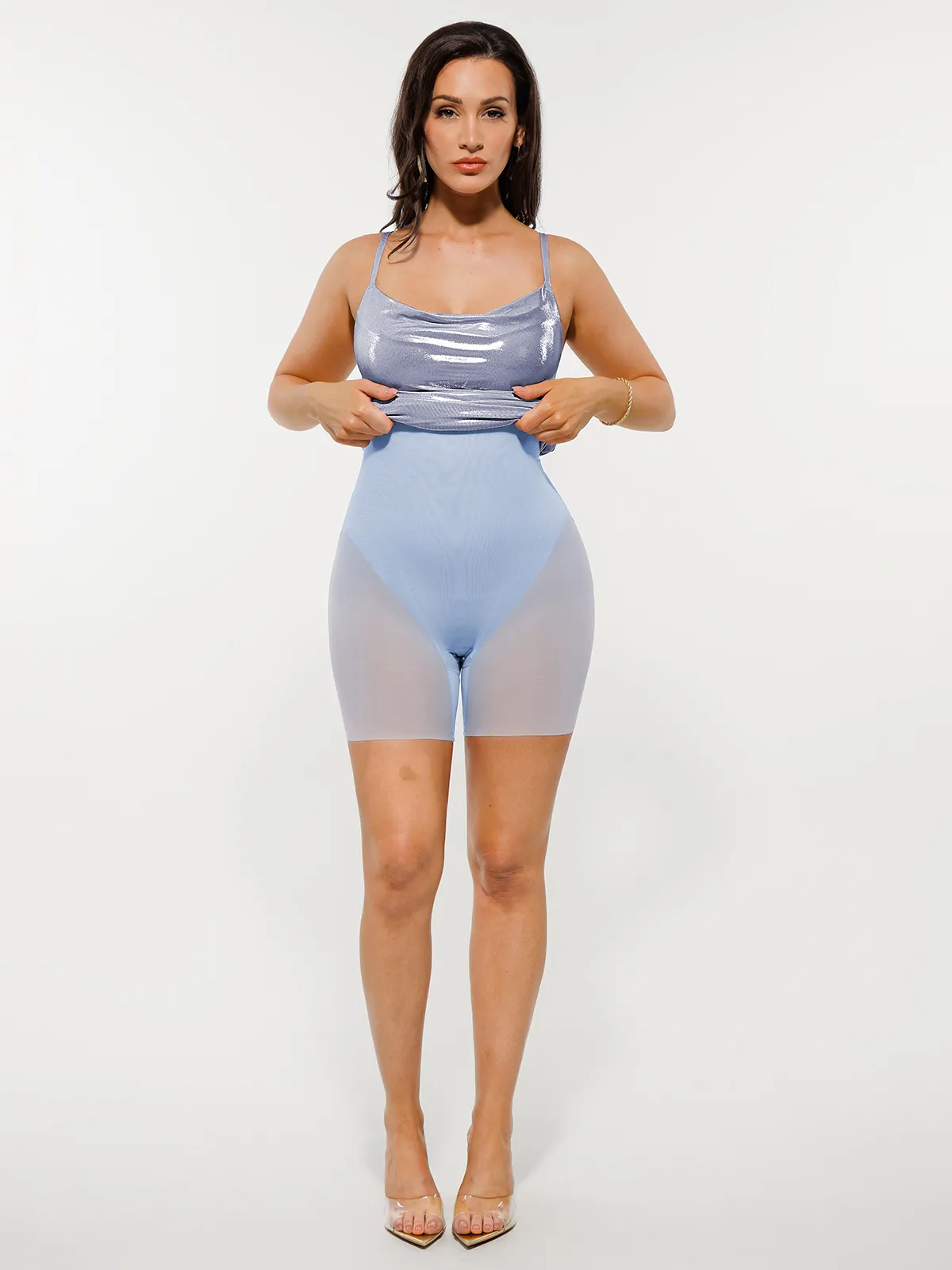 Metallic Cowl Neck Side Ruched Sculpting Tummy Control Midi Dress - Image 27
