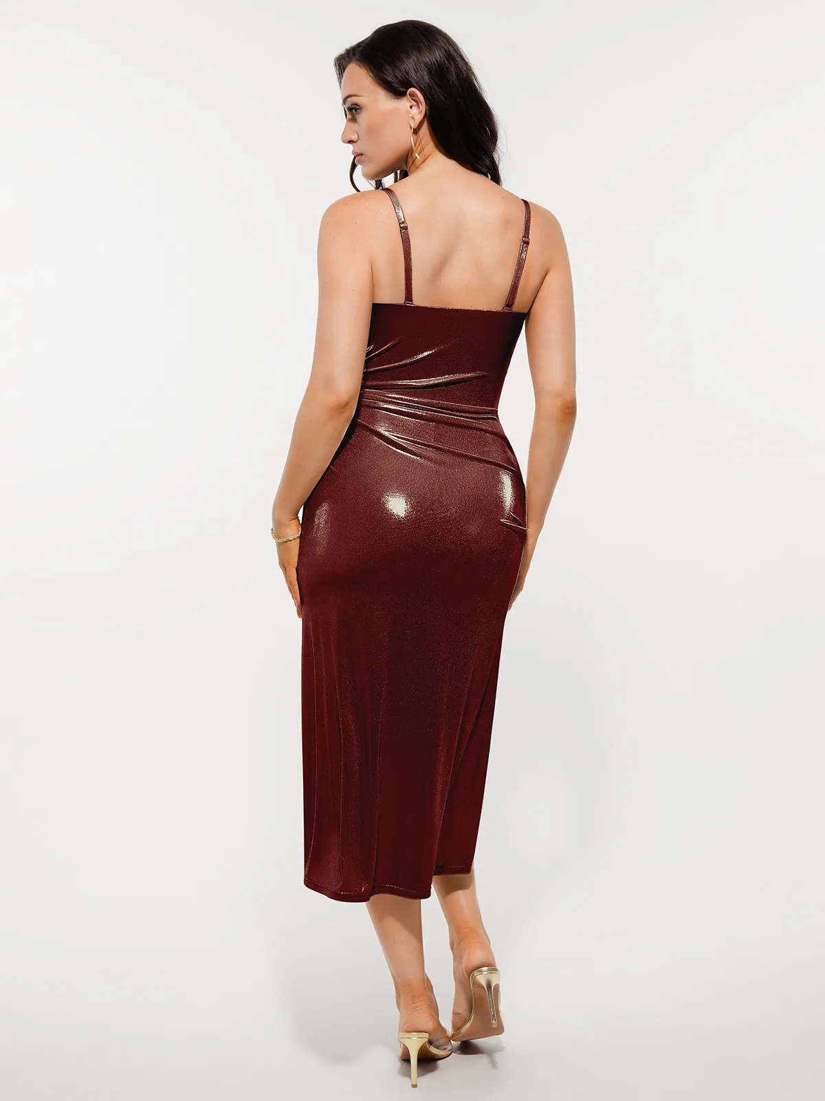 Metallic Cowl Neck Side Ruched Sculpting Tummy Control Midi Dress - Image 34