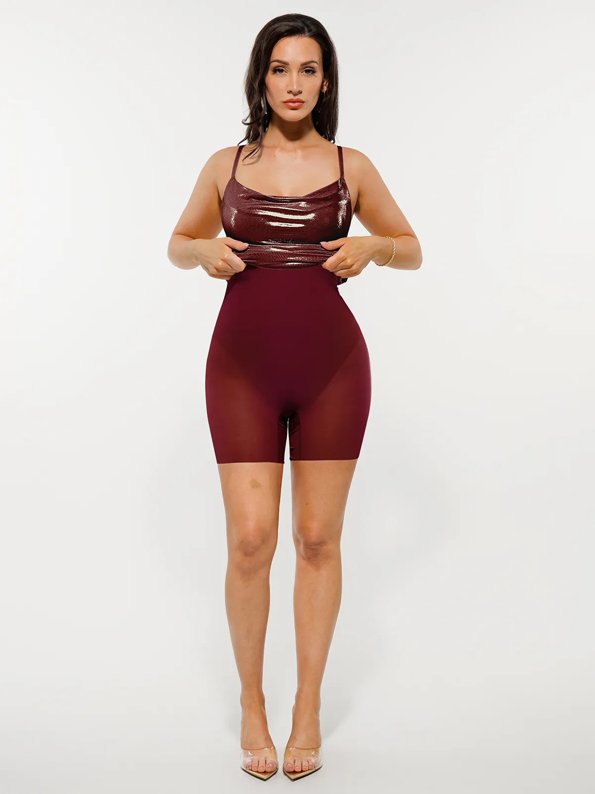 Metallic Cowl Neck Side Ruched Sculpting Tummy Control Midi Dress - Image 35