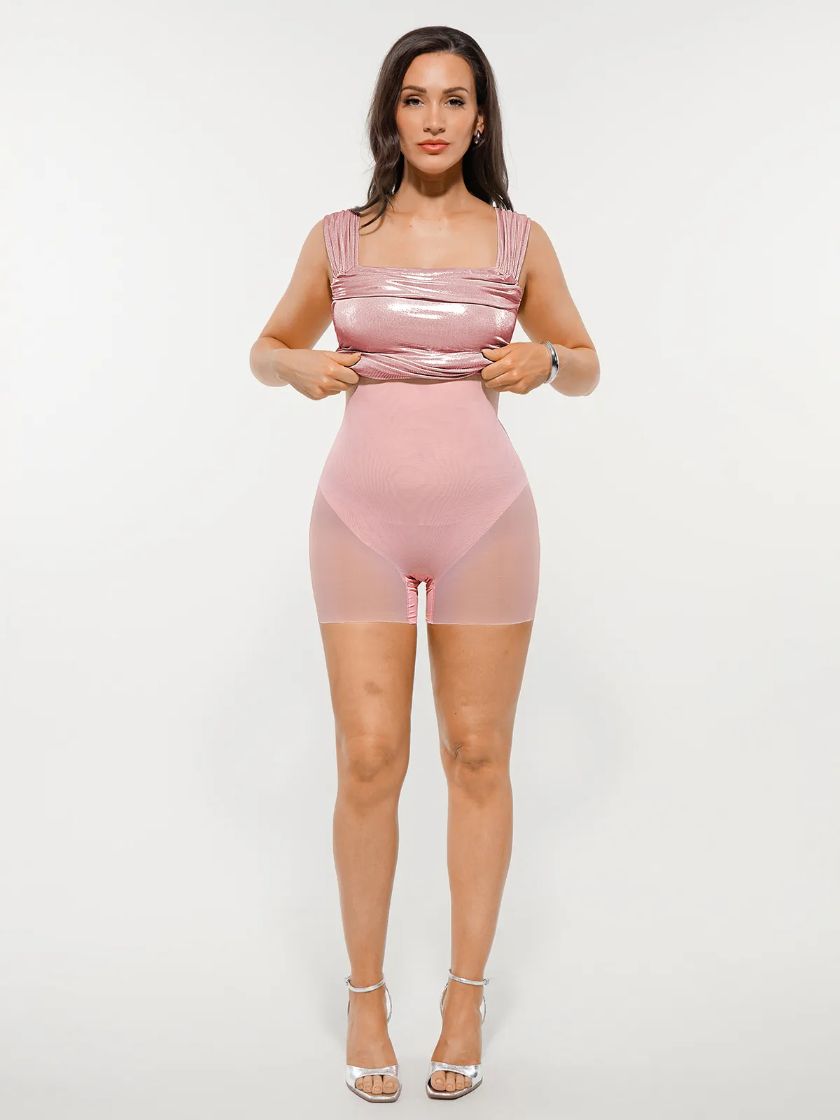 Metallic Off-The Shoulder Ruched Sculpting Tummy Control Mini Dress - Image 12