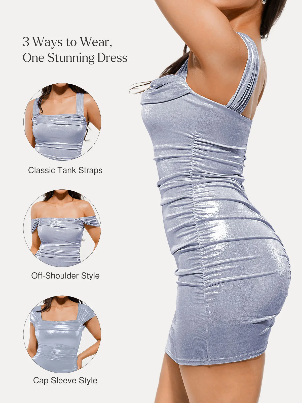 Metallic Off-The Shoulder Ruched Sculpting Tummy Control Mini Dress - Image 16