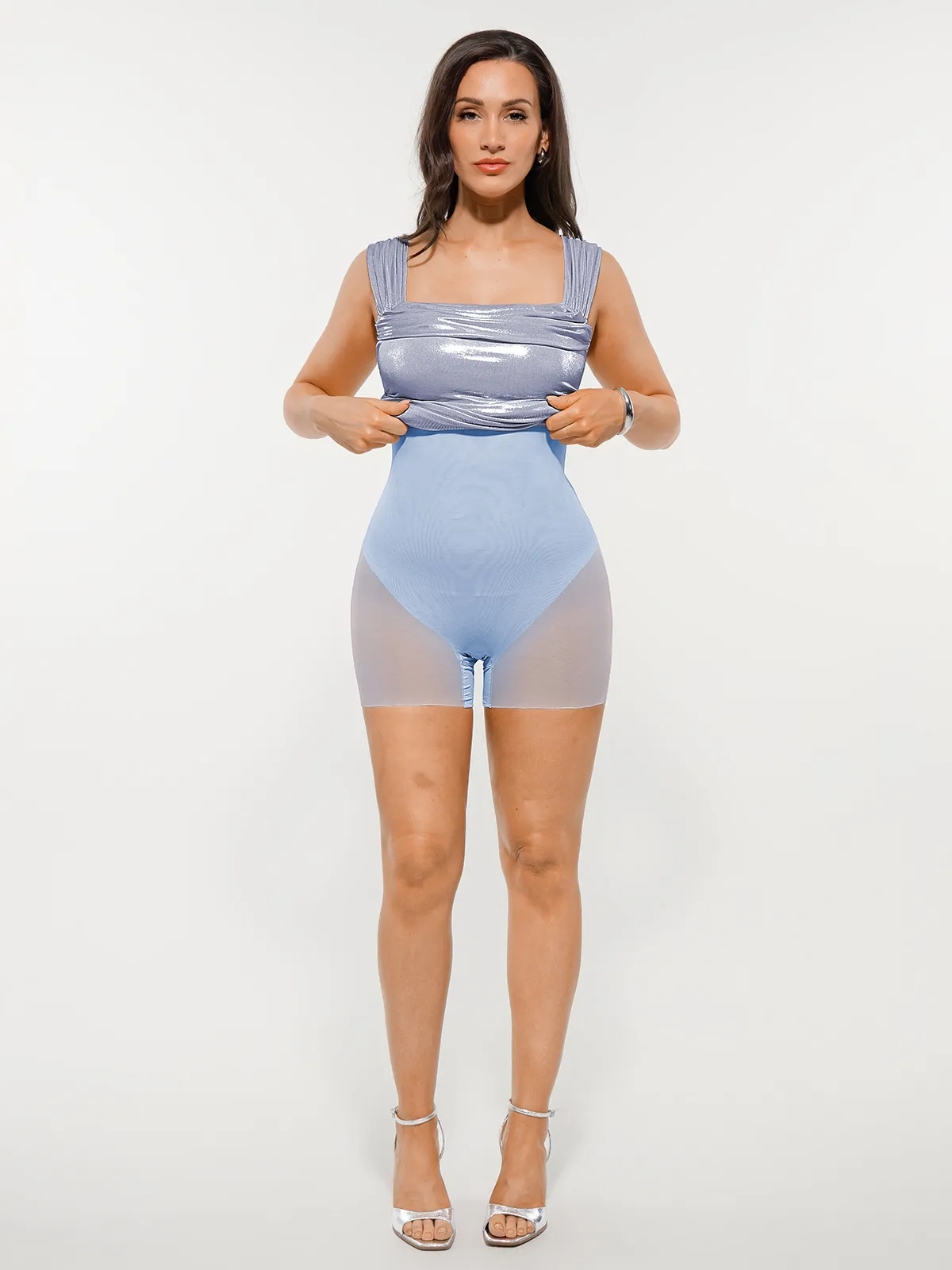 Metallic Off-The Shoulder Ruched Sculpting Tummy Control Mini Dress - Image 22